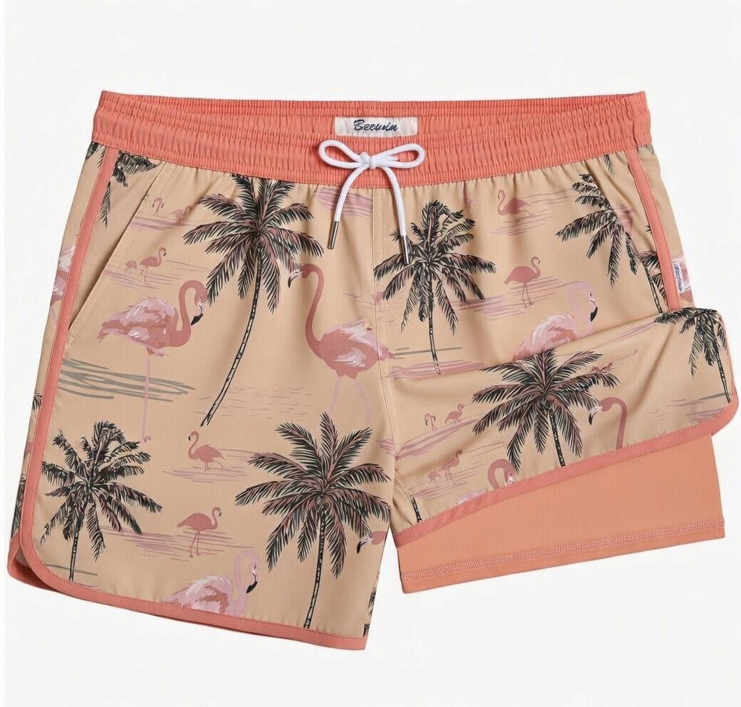 BEEWIN Mens Swim Trunks with Compression Liner 5 Inch Quick Dry for Beach